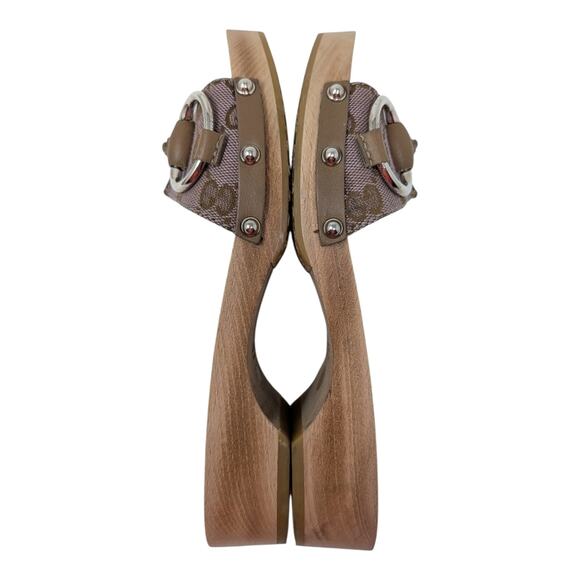 Vintage Gucci Horsebit Wood Clog Slide Flat Sandal GG Monogram Beige Pink 36.5 - Picture 6 of 12